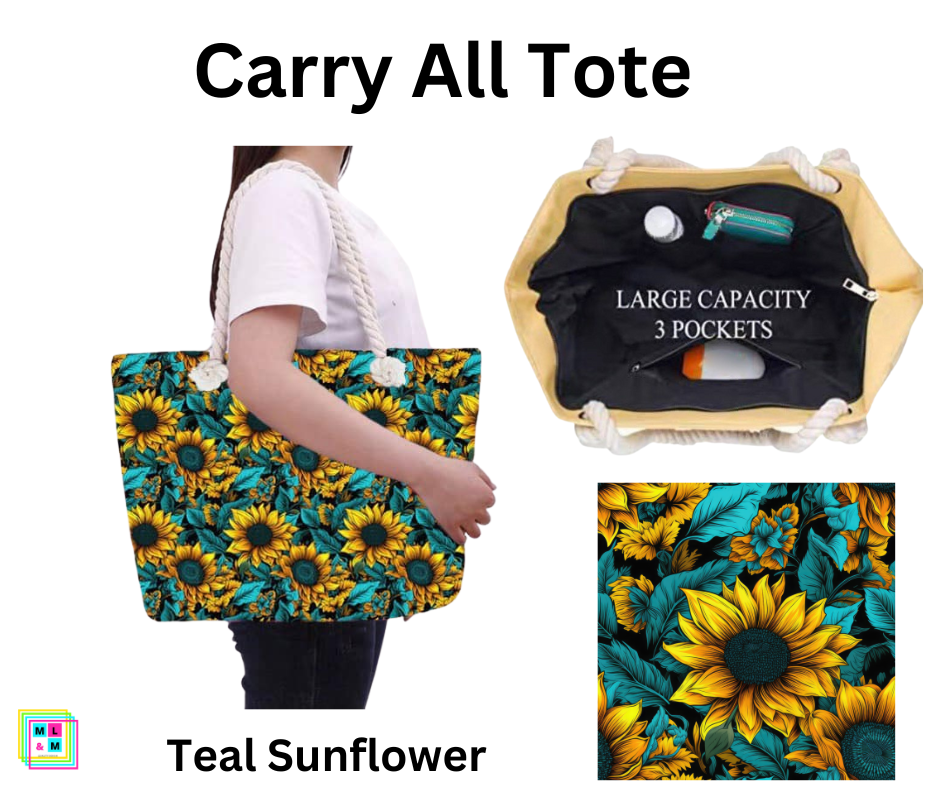 Teal Sunflower Carry All Tote w/ Zipper