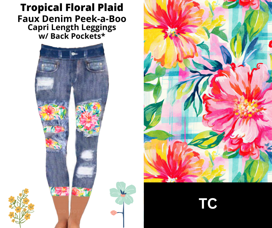 Tropical Floral Plaid Capri Faux Denim Peekaboo