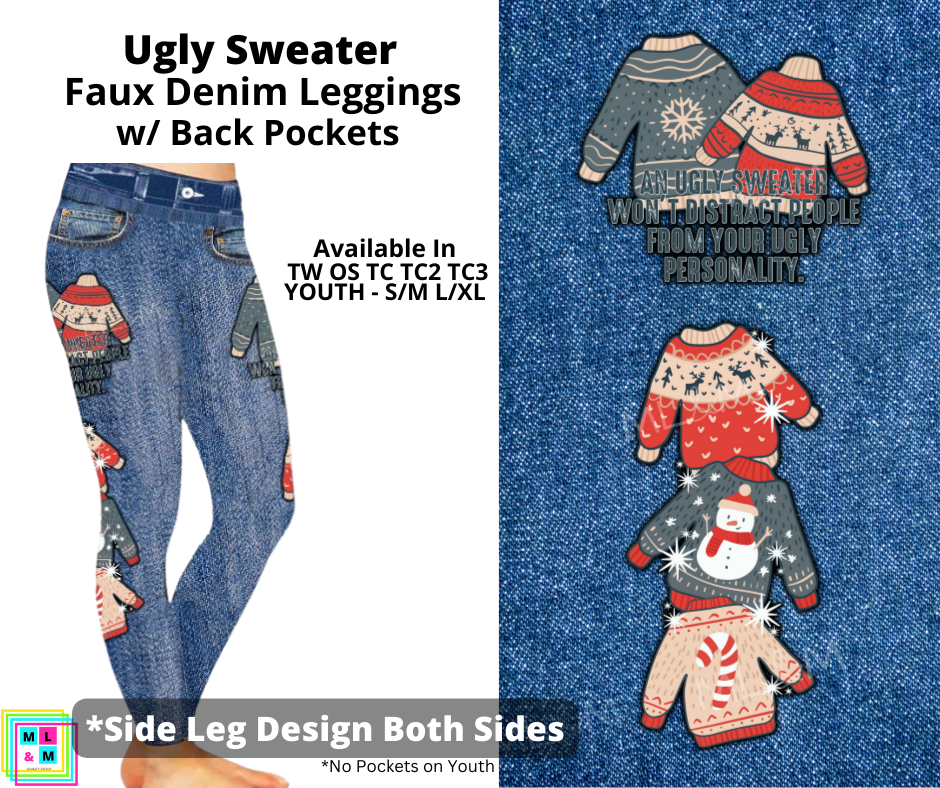 Ugly Sweater Full Length Faux Denim w/ Side Leg Designs