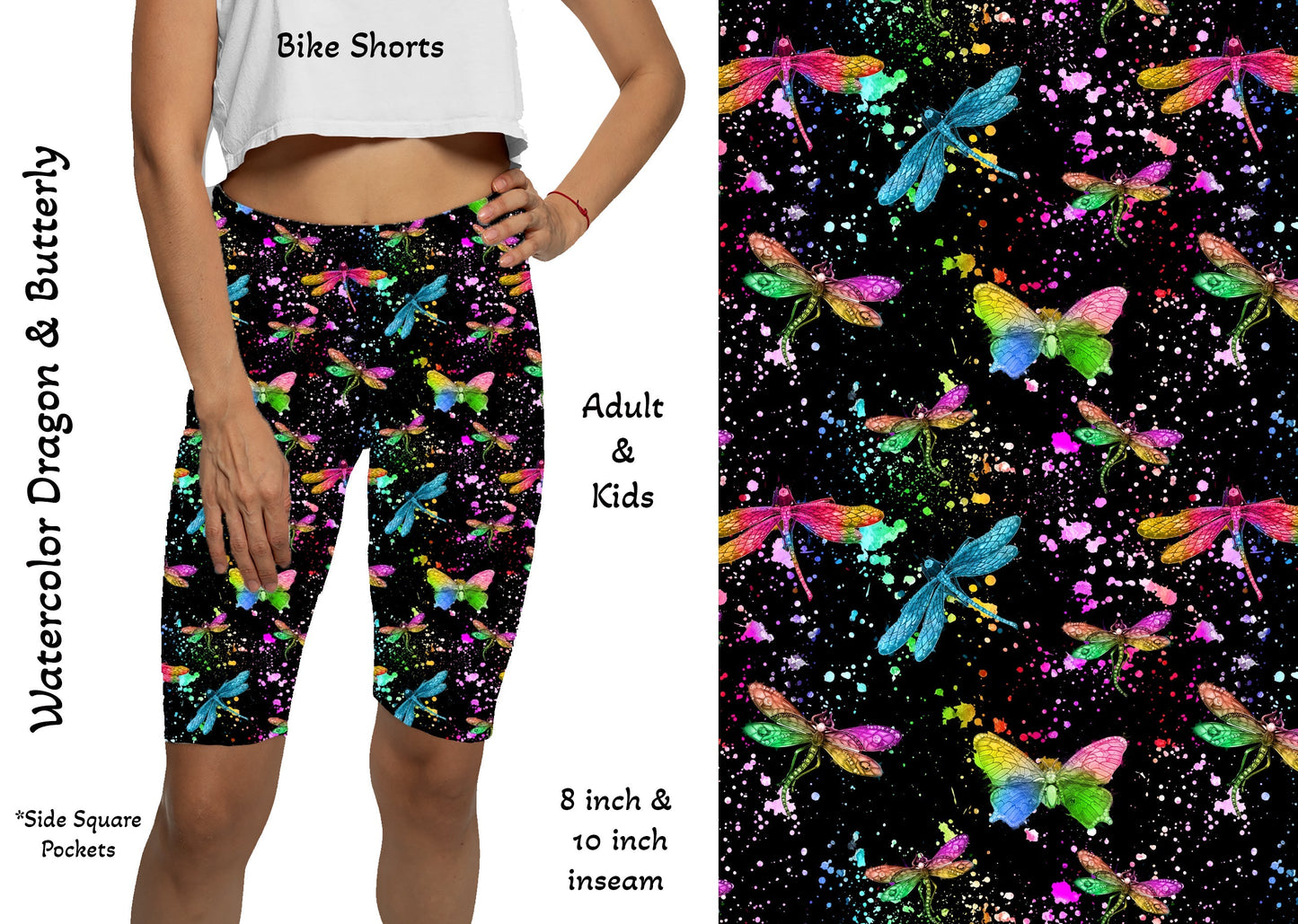 Watercolor Dragon & Butterflies 8" & 10" Yoga Bike Shorts with Pockets