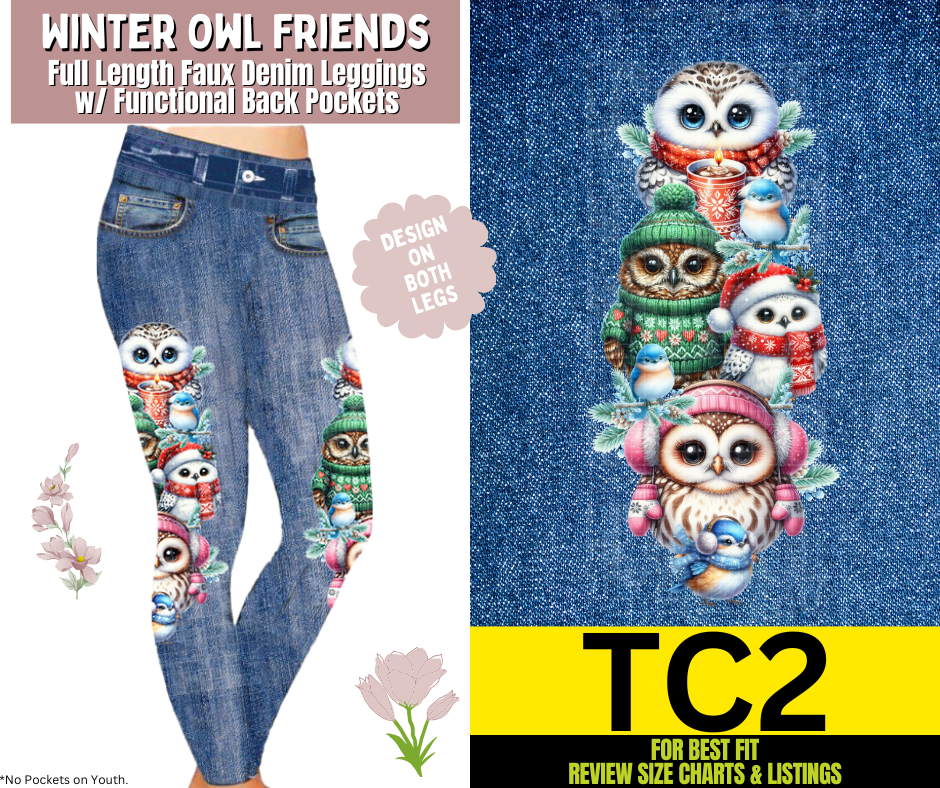 Winter Owl Friends Full Length Faux Denim w/ Side Leg Designs