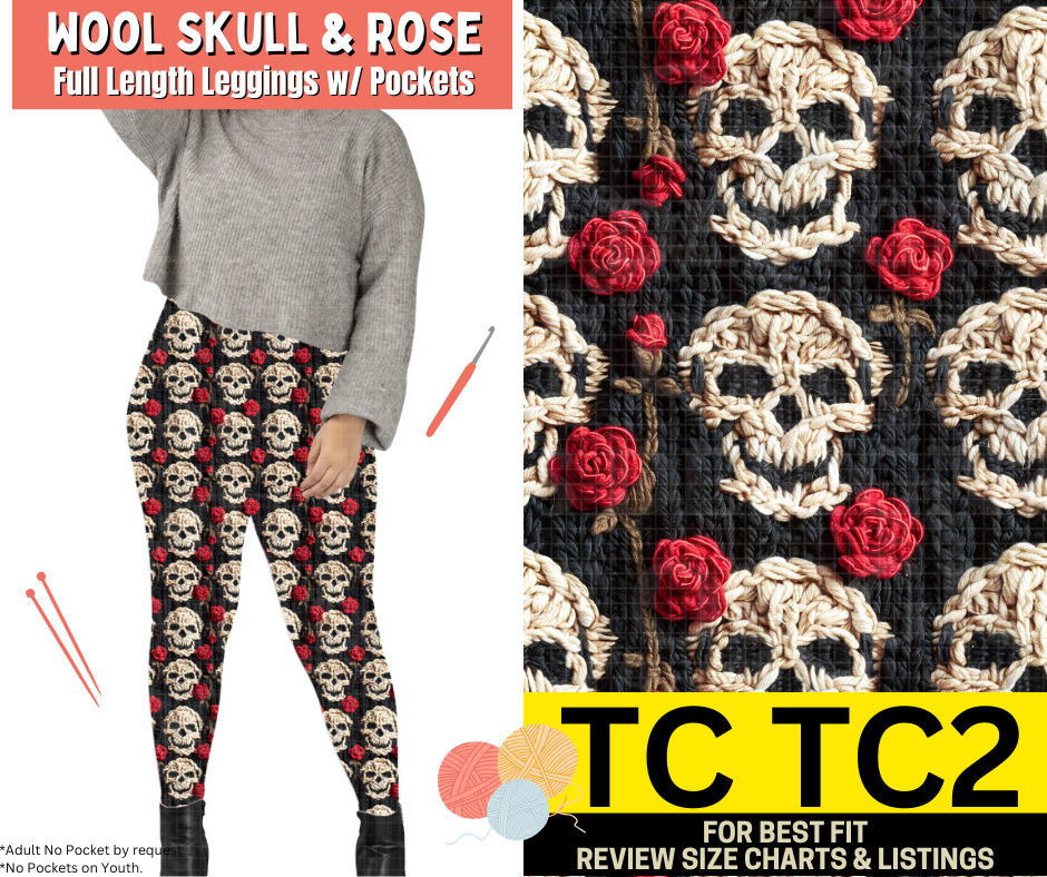Wool Skull & Rose Full Length Leggings w/ Pockets
