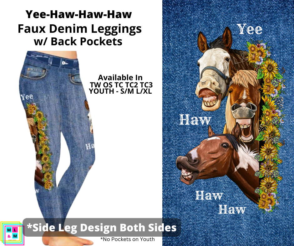 Ye-Ha-Ha-Ha Full Length Faux Denim w/ Side Leg Designs