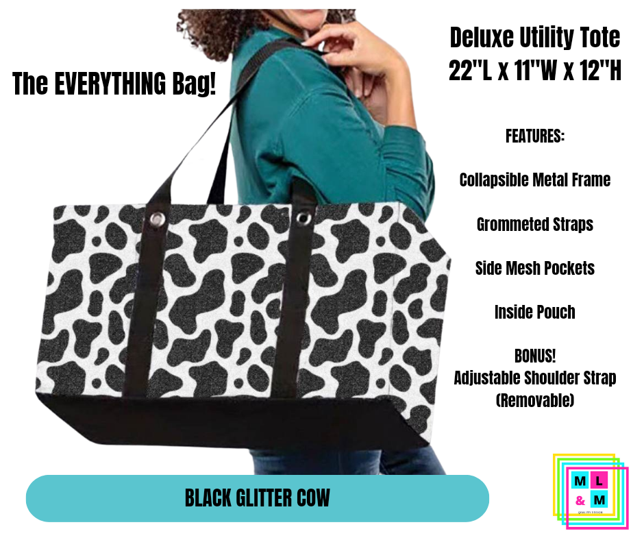 Black Glitter Cow Collapsible Tote