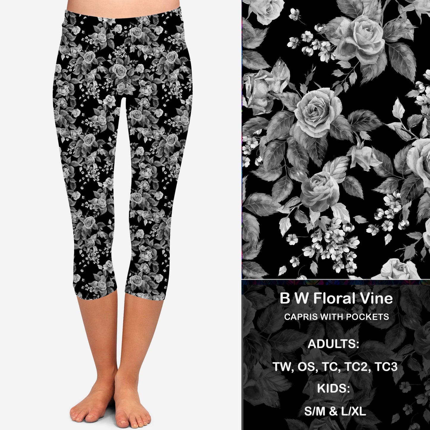 B W Floral Vine Leggings & Capris with Pockets Preorder Closes 7/14 eta Late August