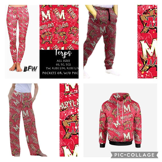 Terps Leggings, lounge pants, joggers and hoodies due order
