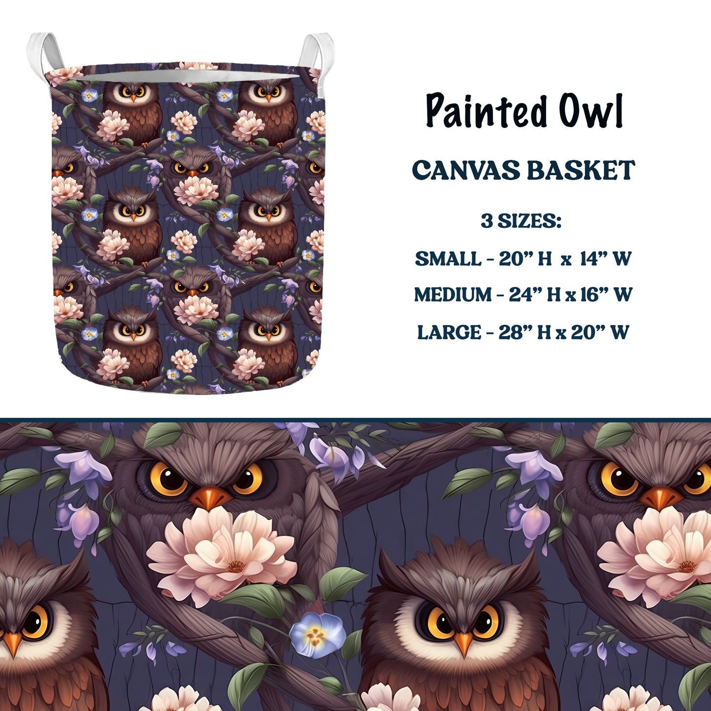 Painted Owl Multi Purpose Canvas Baskets 3 Sizes closes 7/11 eta 6/-8 weeks