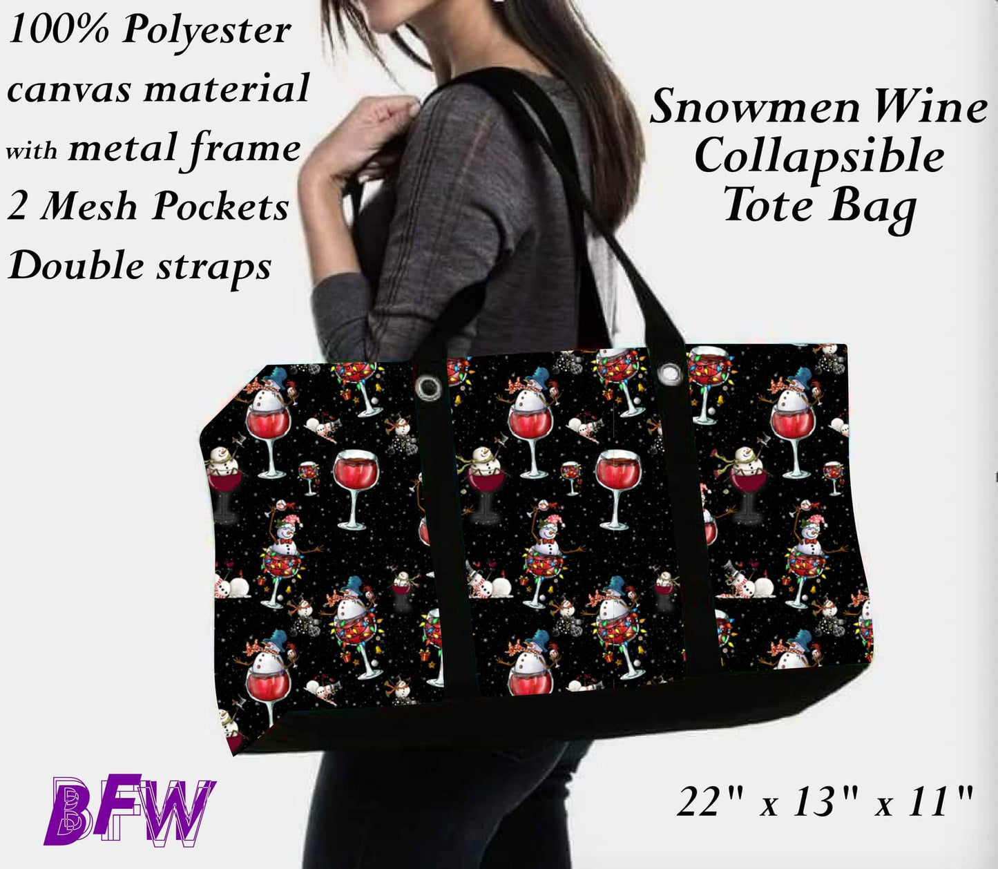 Snowman wine large tote and 2 inside mesh pockets