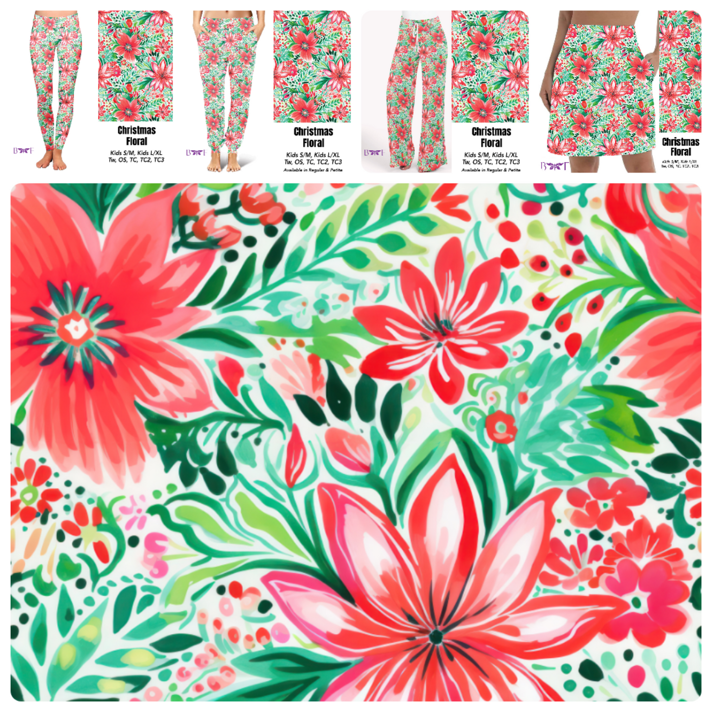 Christmas Floral BCMO skorts and capris with pockets