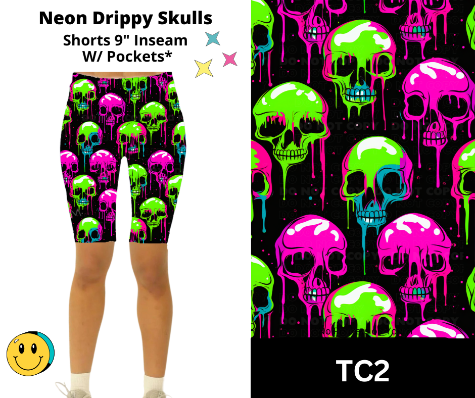 Neon Drippy Skulls Shorts w/ Pockets