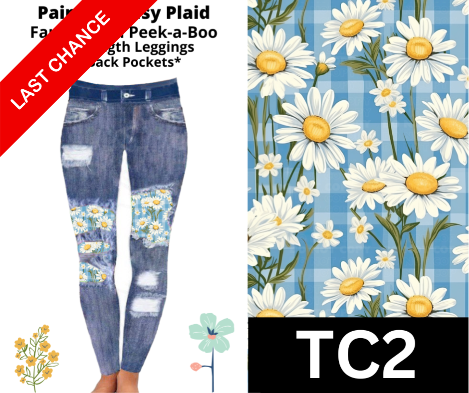 Painted Daisy Faux Denim Full Length Peekaboo Leggings