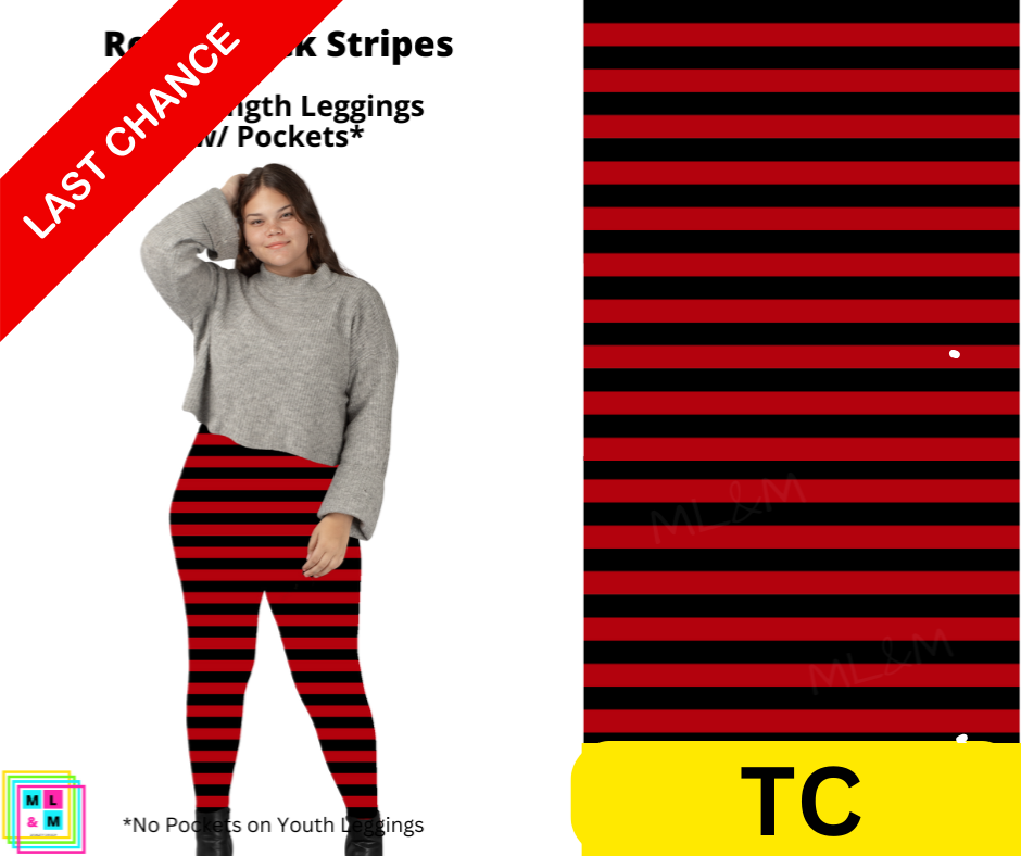 Red & Black Stripes Full Length Leggings w/ Pockets