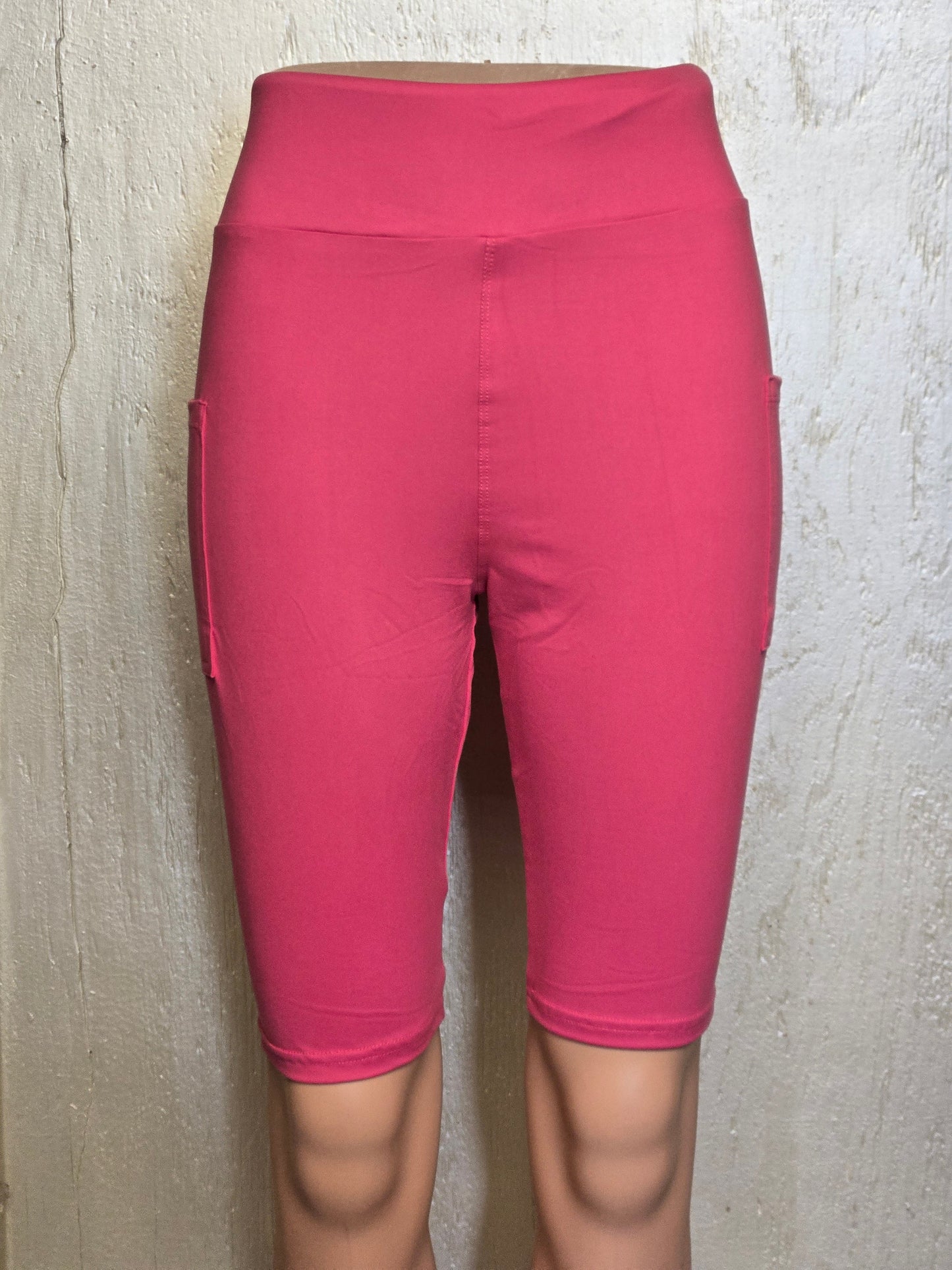 Rose Pink leggings, capris and biker shorts with pockets.