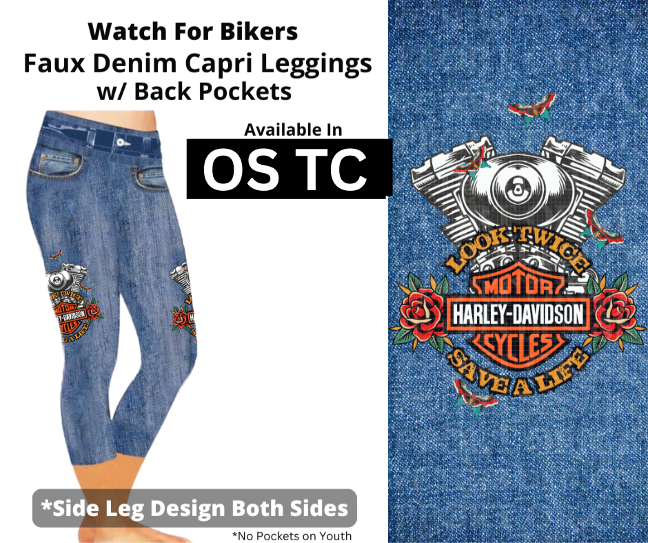 Watch For Bikers Capri Faux Denim w/ Side Leg Designs