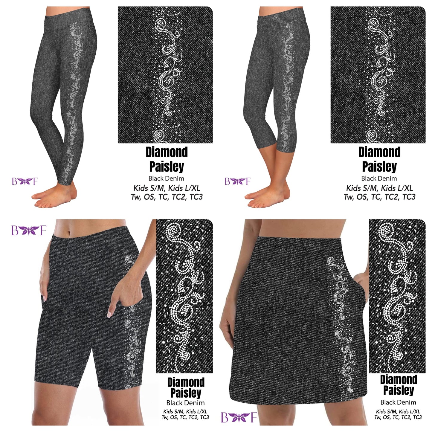 Gemstone Diamond Paisley on Black Faux Denim leggings, skorts, and capris with pockets REAL gemstones