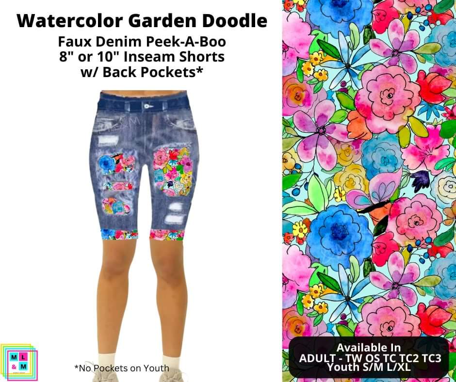 Watercolor Garden Doodle Faux Denim Shorts w/ Back Pockets