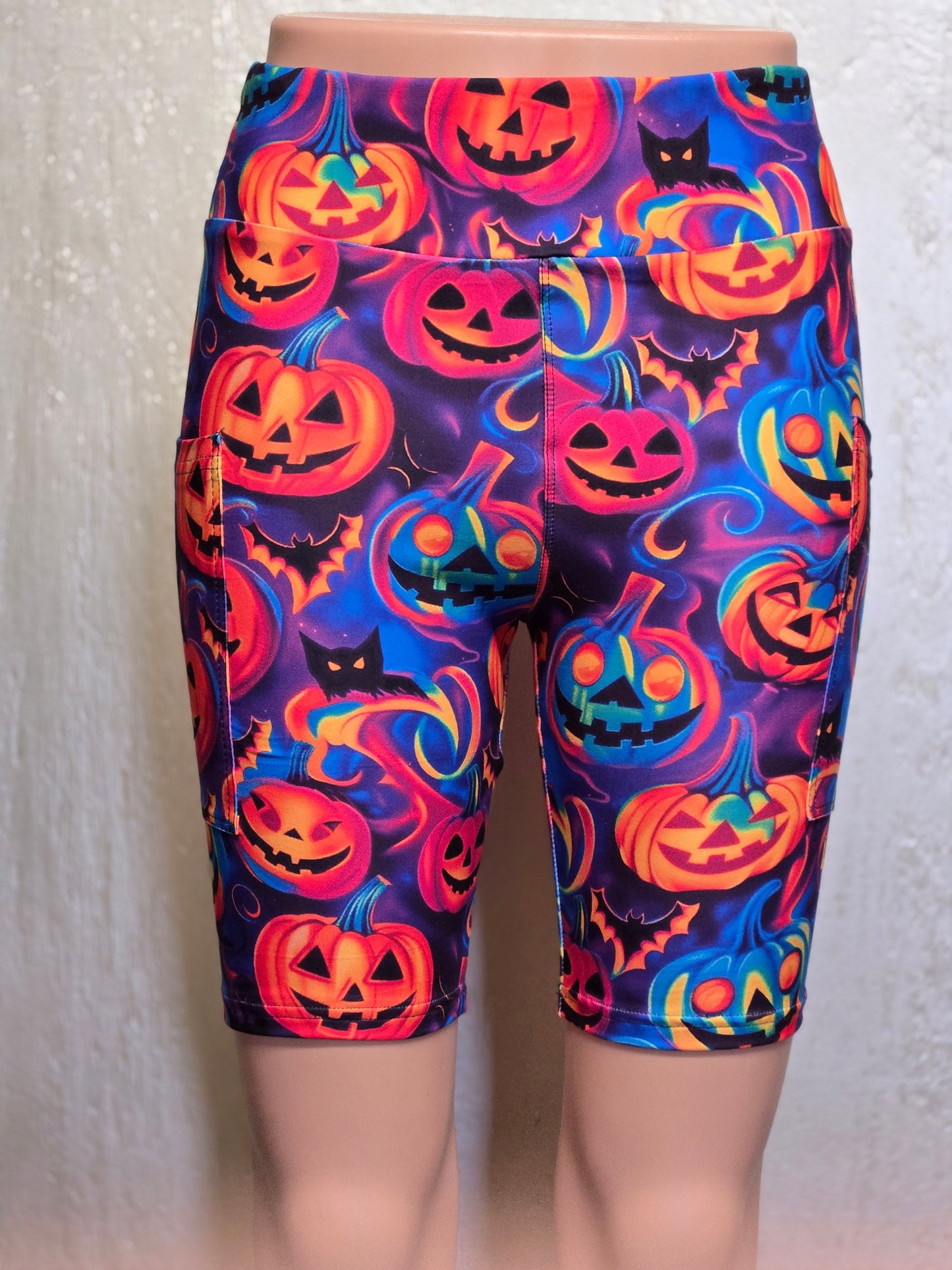 Neon Halloween capris and biker shorts with pockets