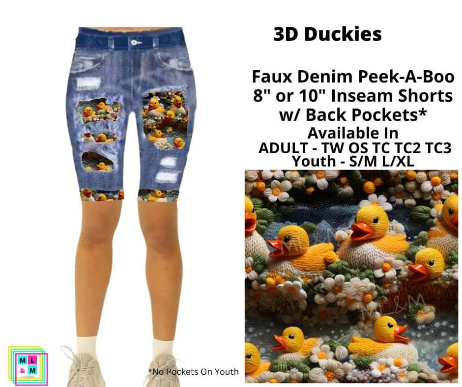 3D Duckies Faux Denim Shorts w/ Back Pockets