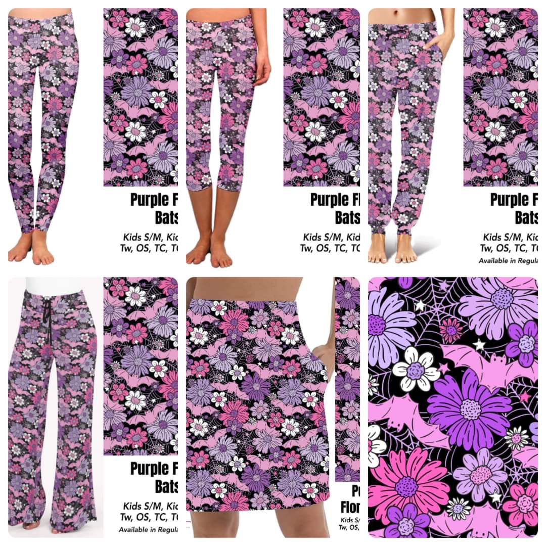 Purple Floral Bats leggings and skorts with pockets