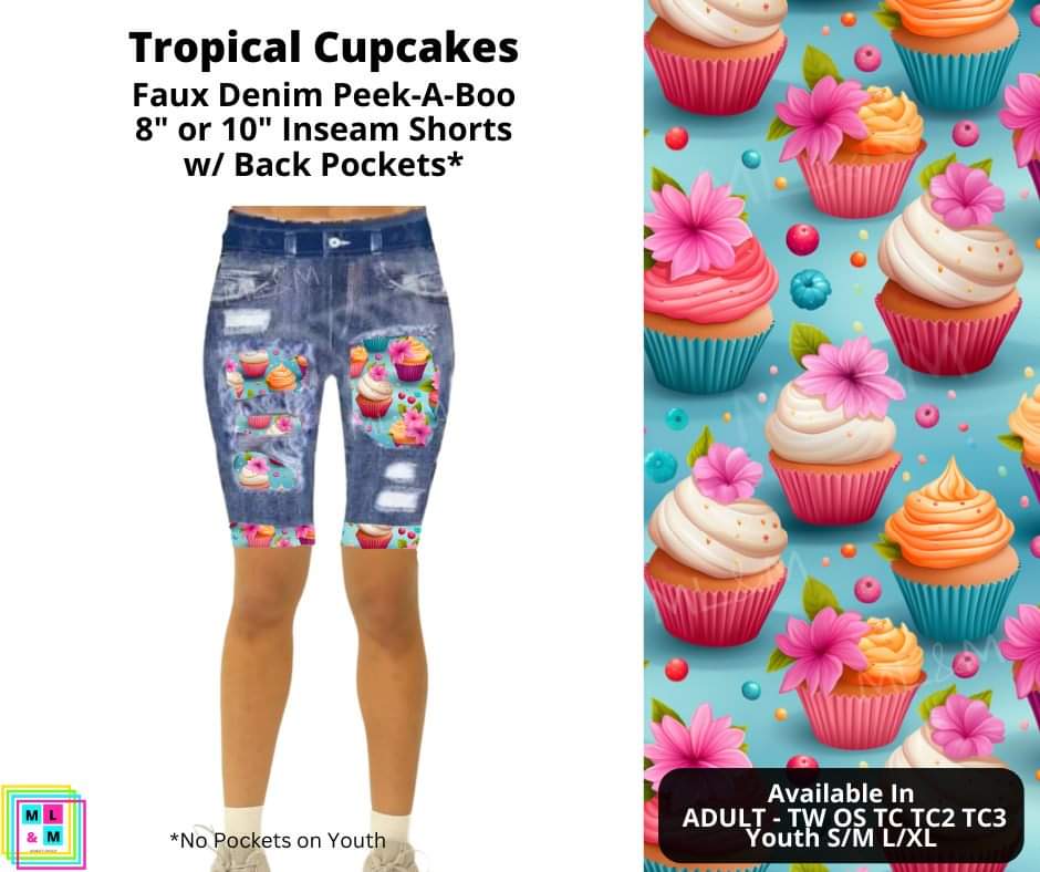 Tropical Cupcakes Faux Denim Shorts w/ Back Pockets