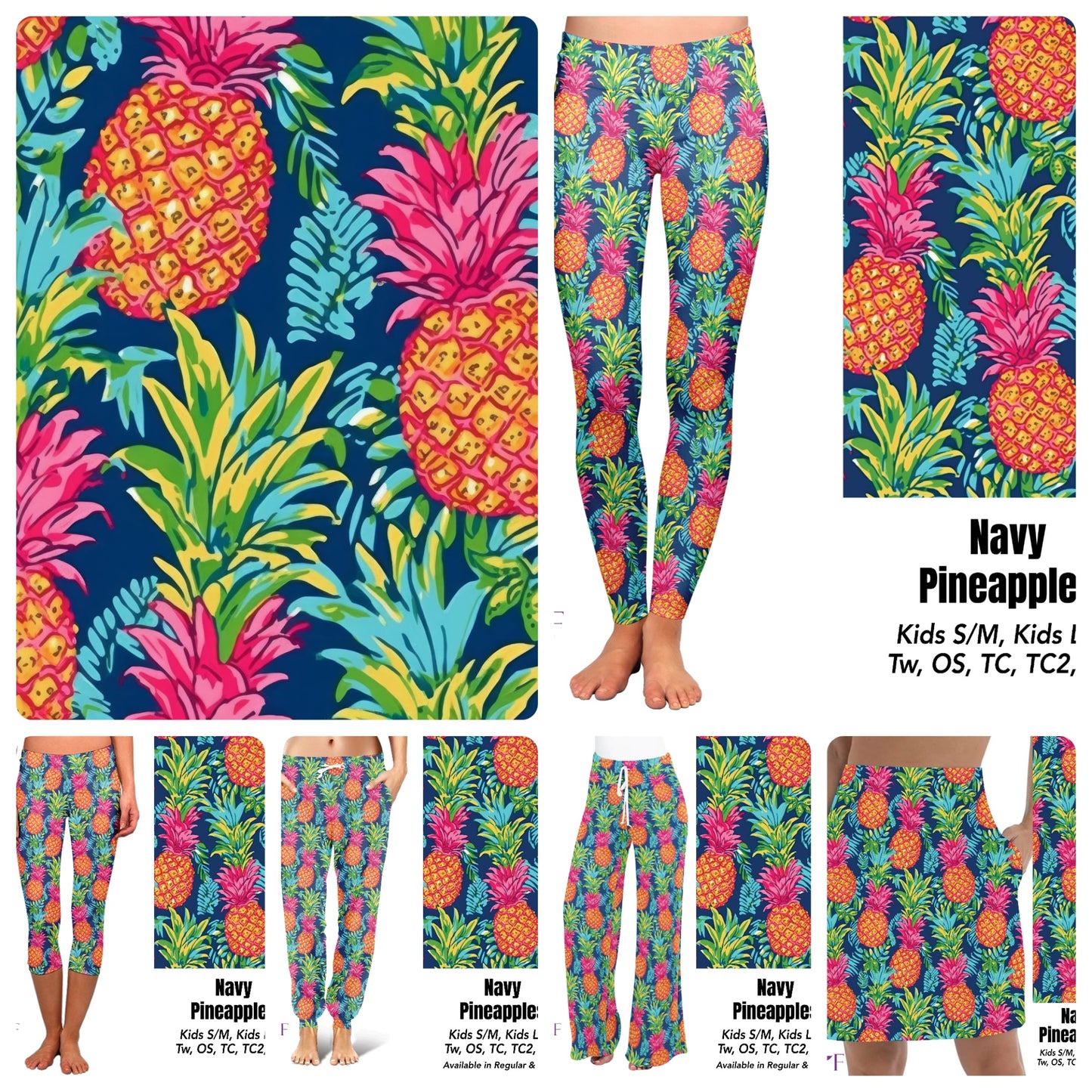 Navy Pineapples biker shorts, capris, and skorts with pockets