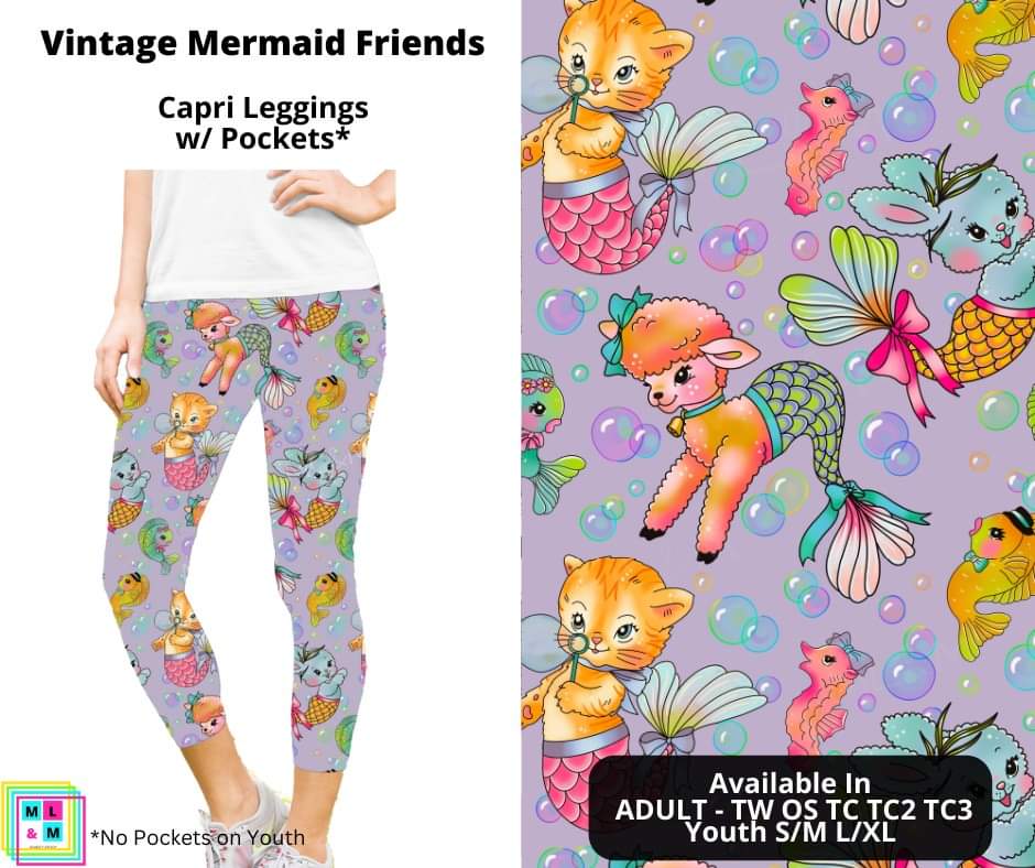 Vintage Mermaid Friends Capri Length w/ Pockets