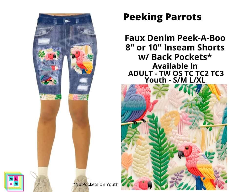 Peeking Parrots Faux Denim Shorts w/ Back Pockets