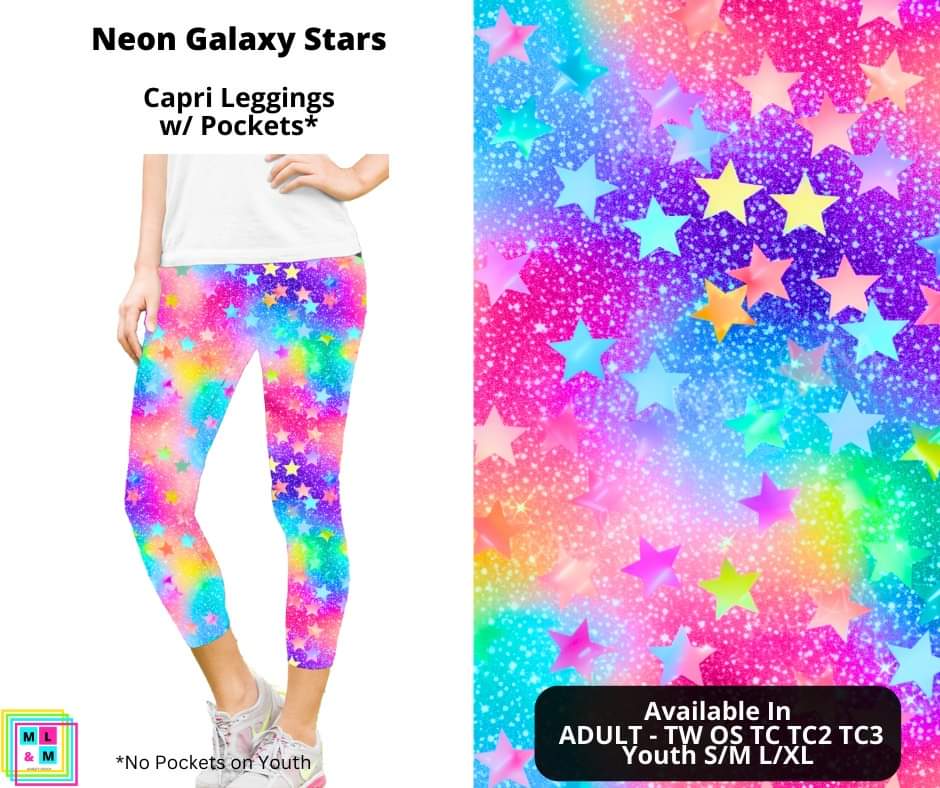 Neon Galaxy Stars Capri Length Leggings w/ Pockets