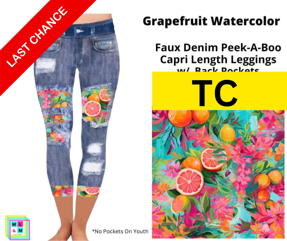 Grapefruit Watercolor Faux Denim Capris