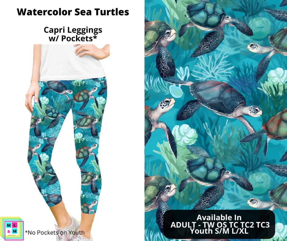 Watercolor Sea Turtles Capri Length w/ Pockets