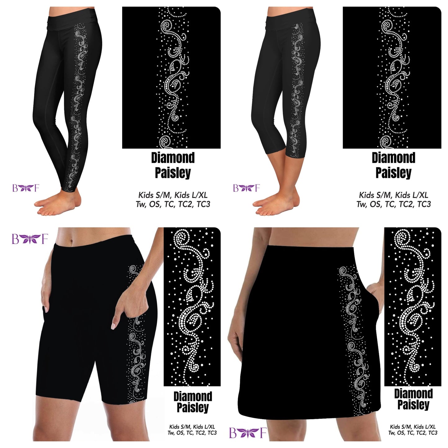 Gemstone Diamond Paisley on Black capris REAL gemstones