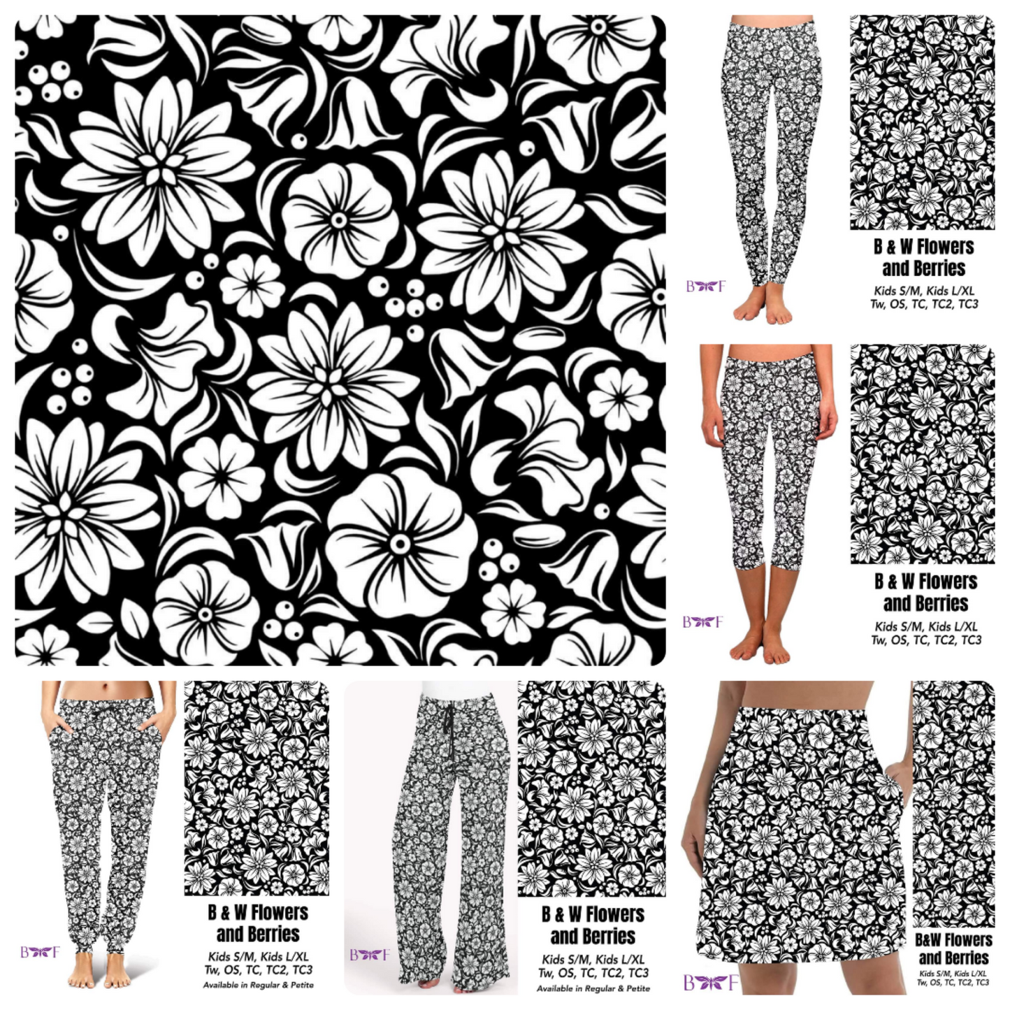 Black & White Flowers and Berries capris with pockets
