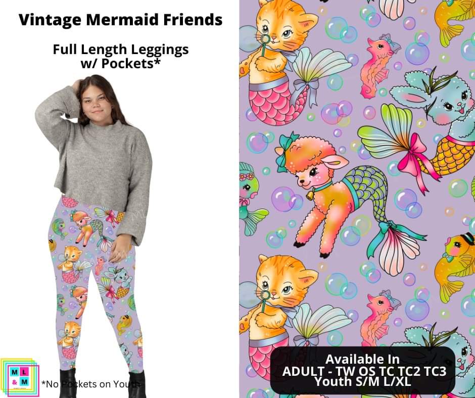 Vintage Mermaid Friends Full Length Leggings w/ Pockets