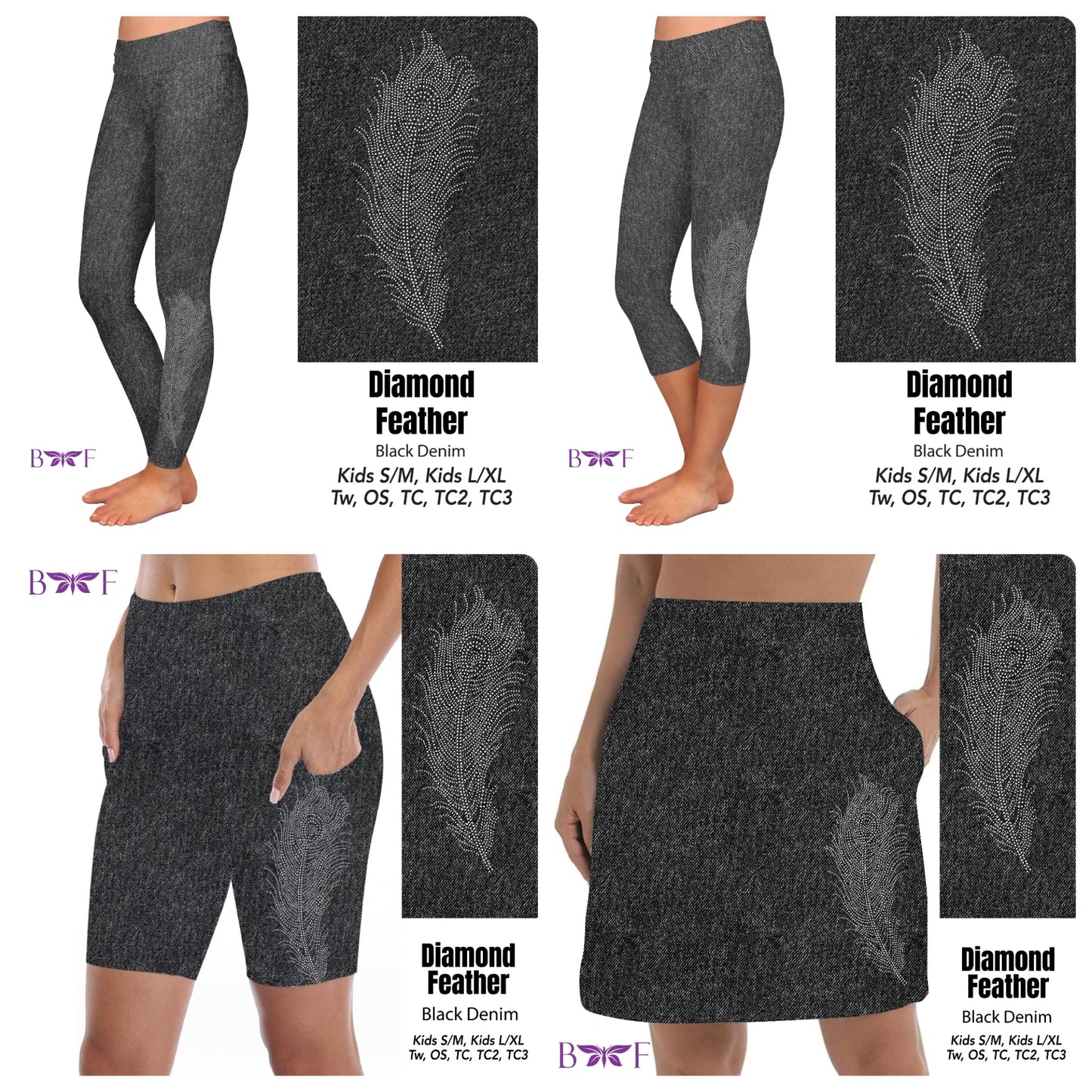 Gemstone Diamond Feather on Black Faux Denim leggings with pockets REAL gemstones