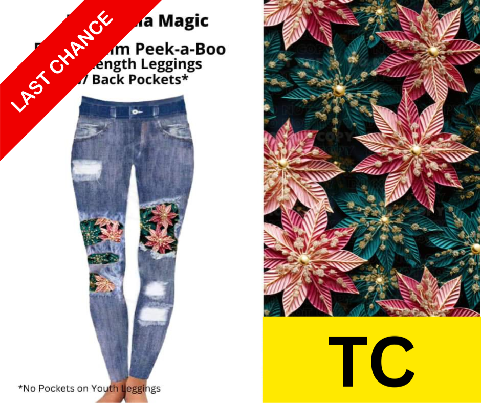 Poinsettia Magic Faux Denim Full Length Peekaboo Leggings