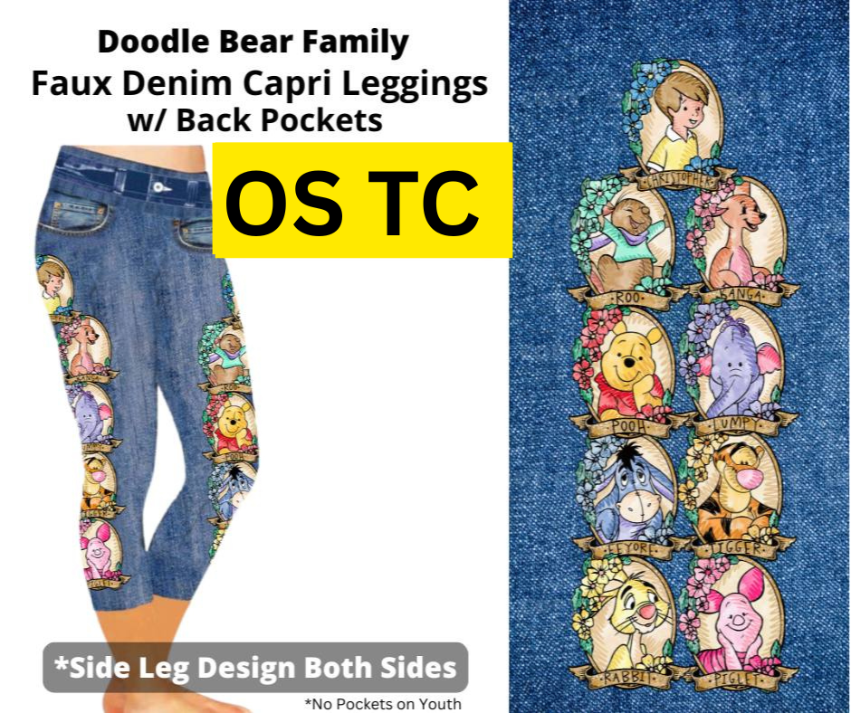 Doodle Bear Family Capri Faux Denim w/ Side Leg Designs