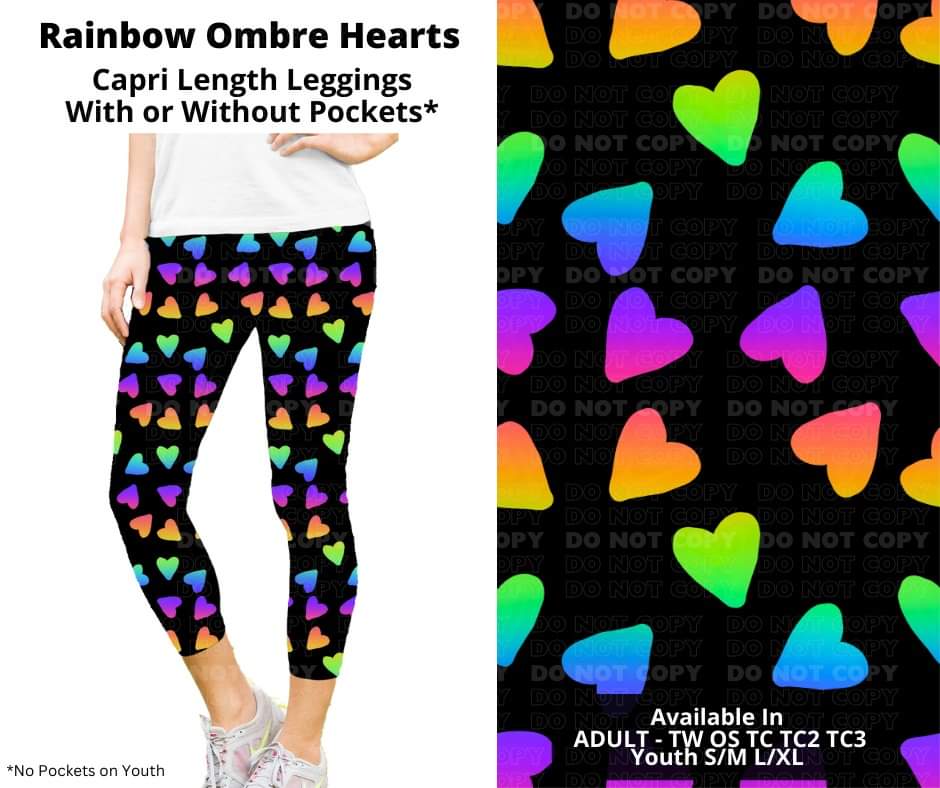 Rainbow Ombre Hearts Capri Length Leggings w/ Pockets