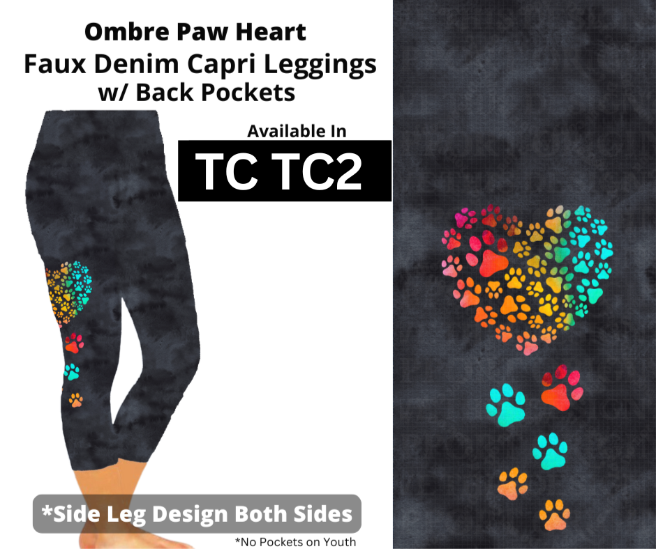 Watercolor Ombre Paw Heart Capri Leggings w/ Side Leg Designs