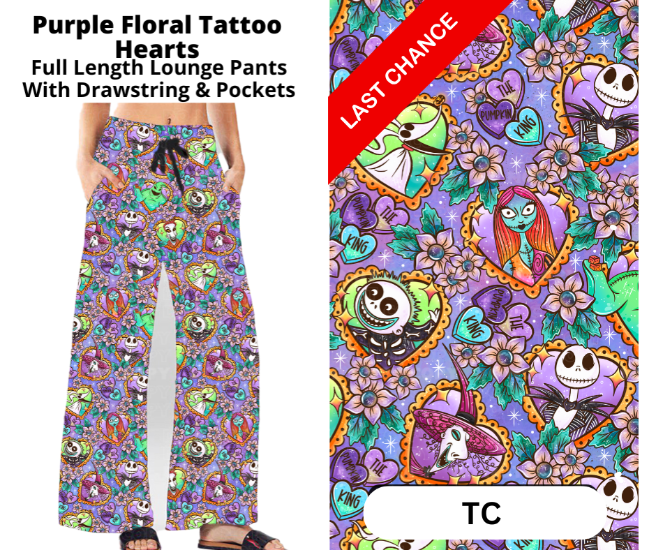 Purple Floral Tattoo Hearts Full Length Lounge Pants