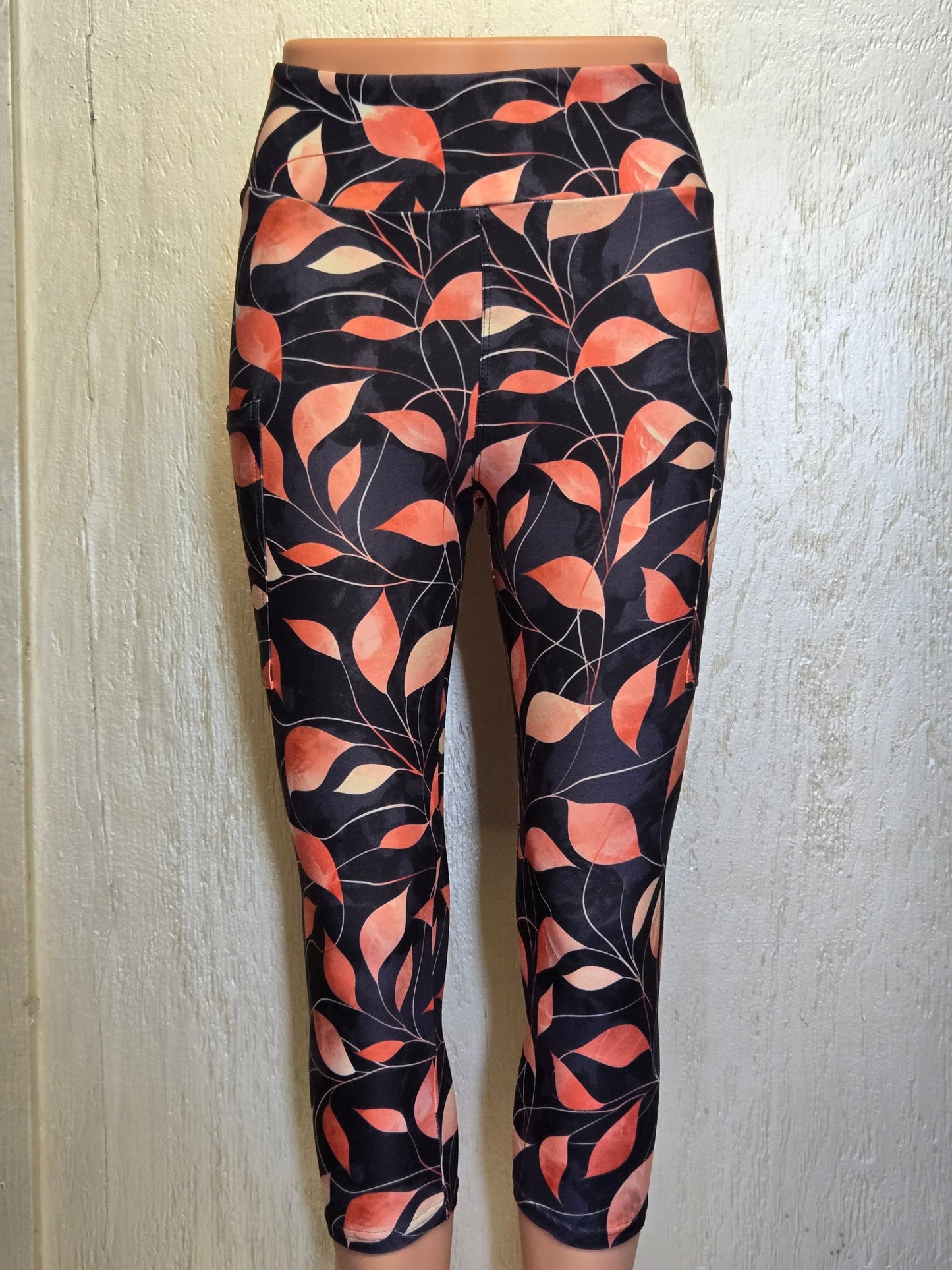 Gold leaves capris and biker shorts with pockets