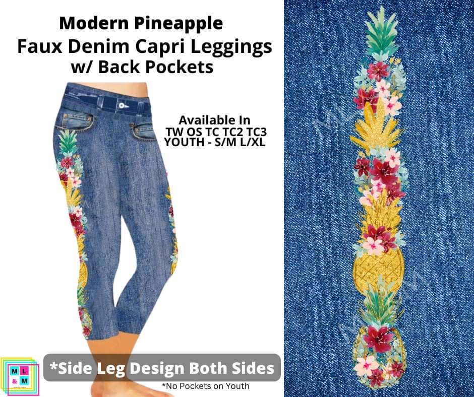 Modern Pineapple Capri Faux Denim w/ Side Leg Designs