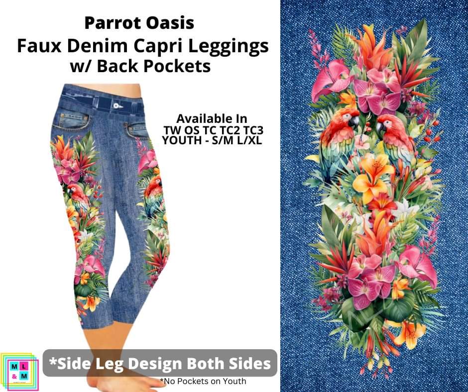 Parrot Oasis Capri Faux Denim w/ Side Leg Designs