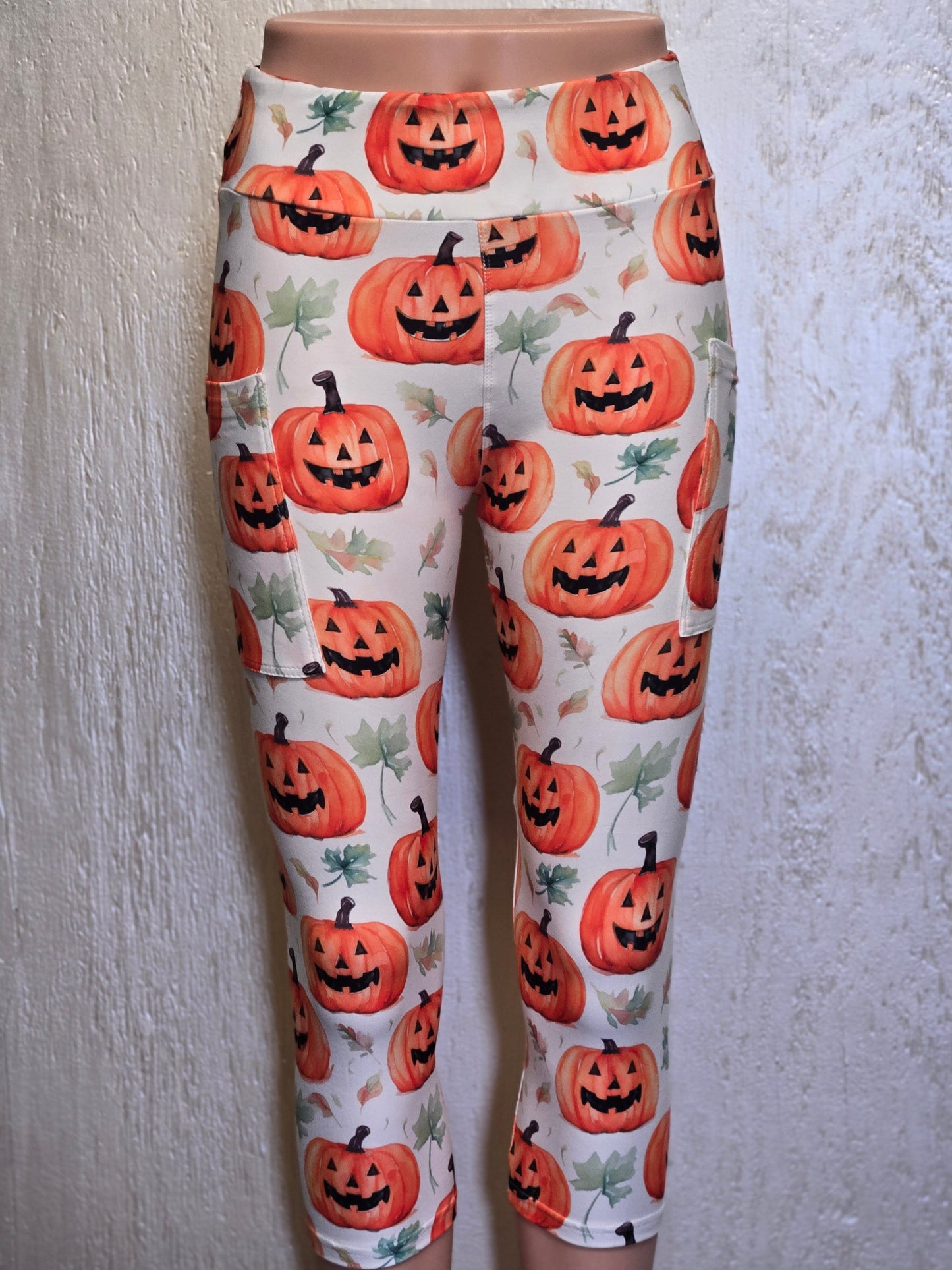 Watercolor pumpkin leaves capris with pockets