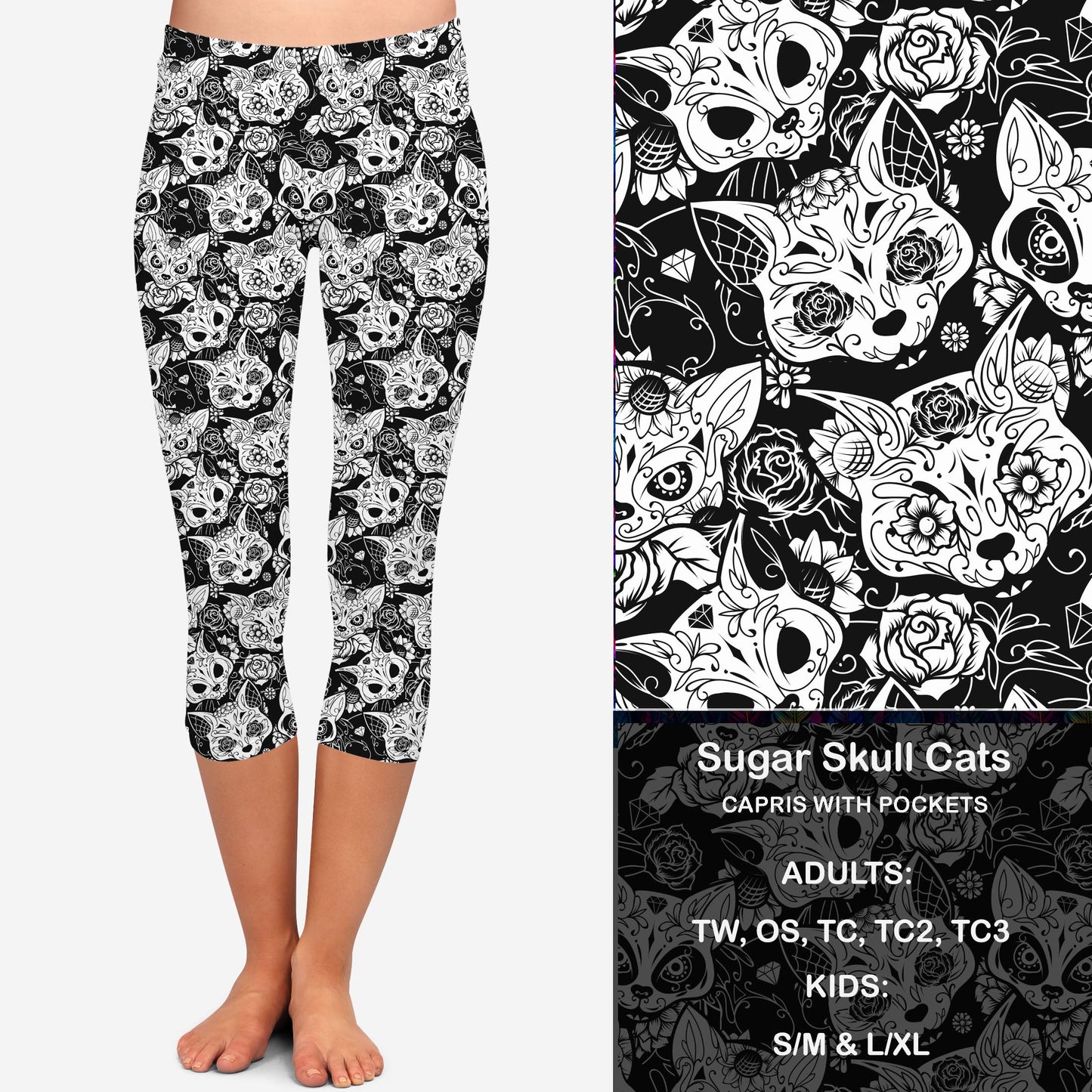 B W Sugar Skull Cats Leggings & Capris with Pockets Preorder Closes 7/14 eta Late August