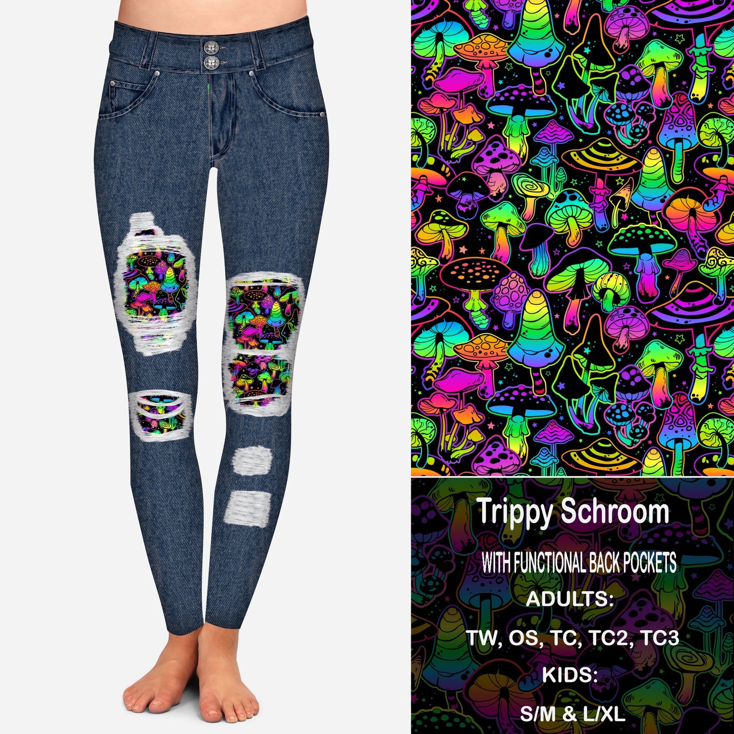 Trippy Schrooms Faux Denim Peekaboo Leggings with Pockets Preorder Closes 9/18 eta Late October