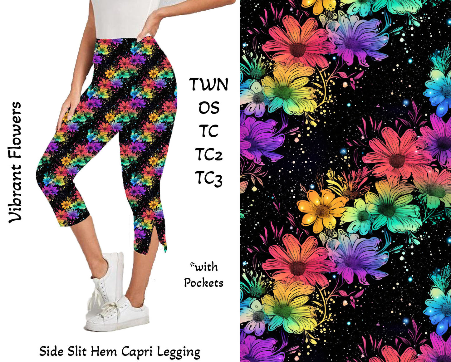 Vibrant Flowers - Side Slit Hem Capri Leggings with Pockets Preorder Closes 2/23