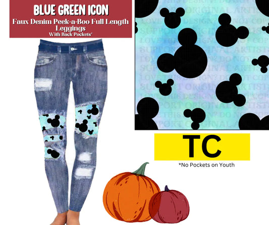 Blue Green Icon Faux Denim Full Length Peekaboo Leggings