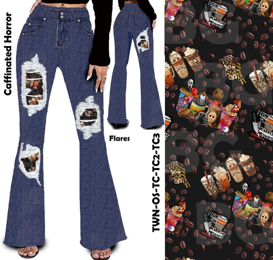 Caffeinated Horror Peek A Boo Faux Denim Yoga Flares with Pockets