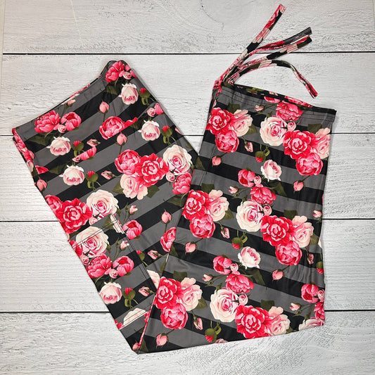 Black Gray Stripe Floral Ruched Cuff Capris with Side Pockets