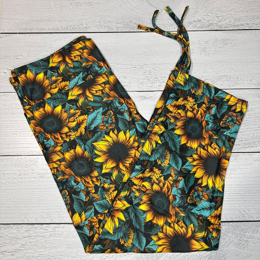 Teal Sunflower Ruched Cuff Capris with Side Pockets